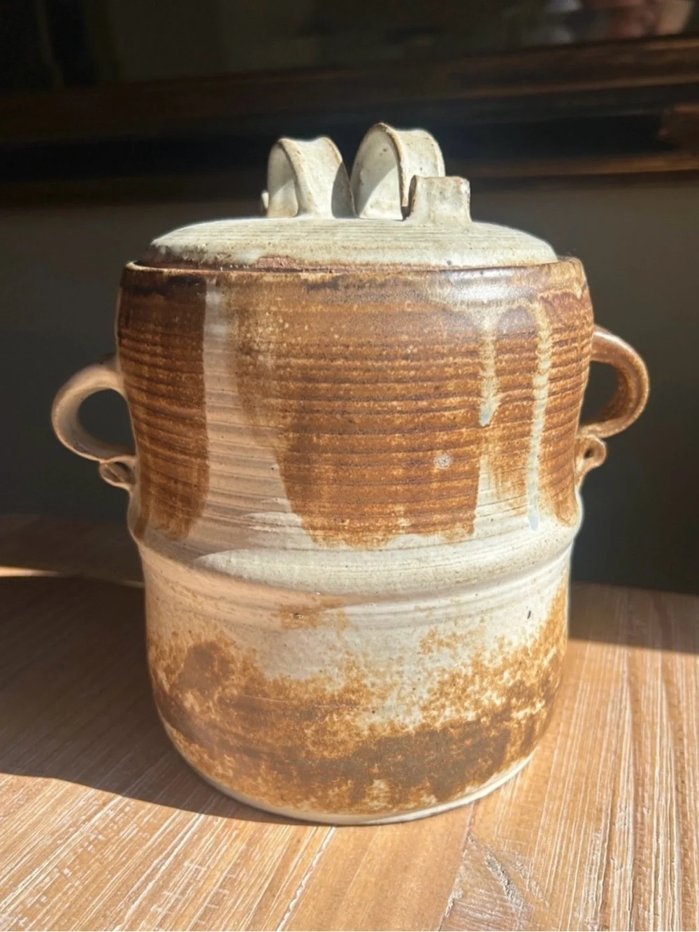 Large Hand Crafted Stoneware Pottery Jar Crock Pot w Lid Artist Signed